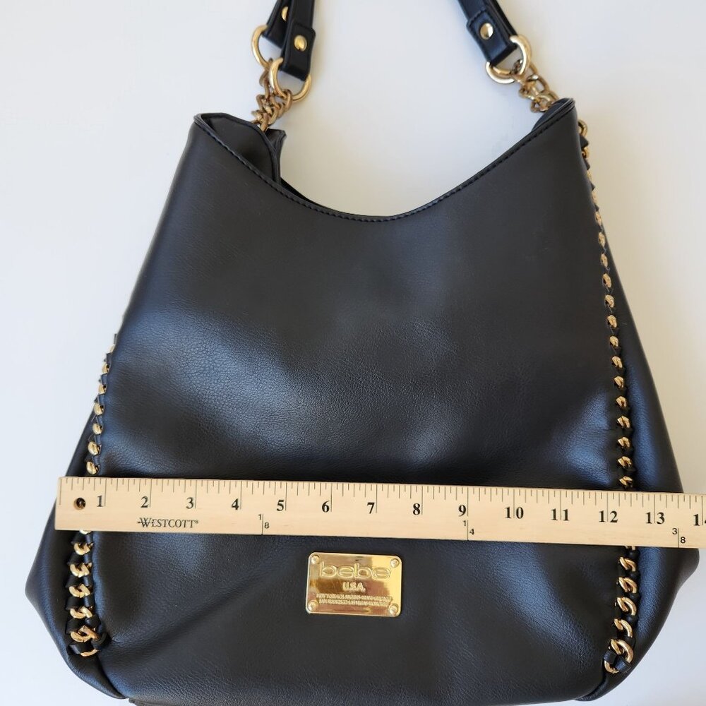 Bebe Black Faux Leather Bag Purse Large Gold Chains Glam Edgy Maximalism Loud - Picture 13 of 16